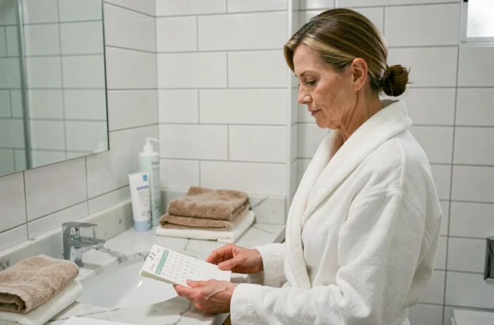 Femme en robe de chambre blanche dans une salle de bain moderne, consultant un journal de santé, symbole du suivi du cycle menstruel à la préménopause