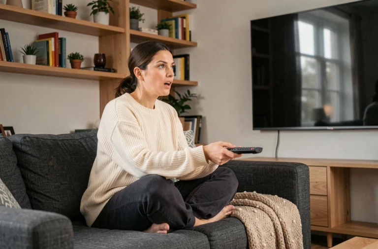 Femme passionnée de séries regardant sa télévision confortablement installée dans son salon moderne