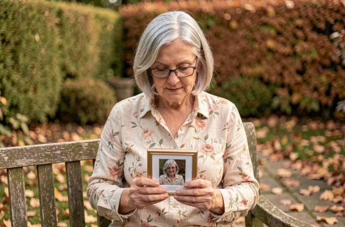 Femme âgée tenant une photo souvenir de sa tante dans un jardin en automne avec une expression de recueillement