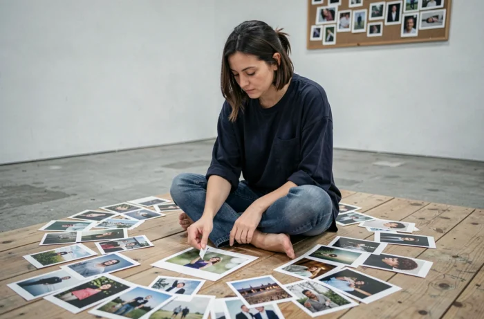 Femme assise sur un parquet entourée de photographies imprimées disposées au sol dans un studio de photographie créatif