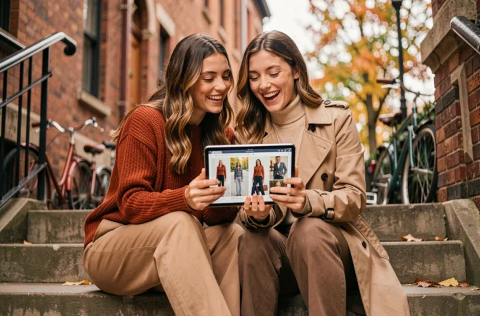 Deux femmes branchées partageant des inspirations mode sur une tablette en extérieur dans un quartier urbain tendance
