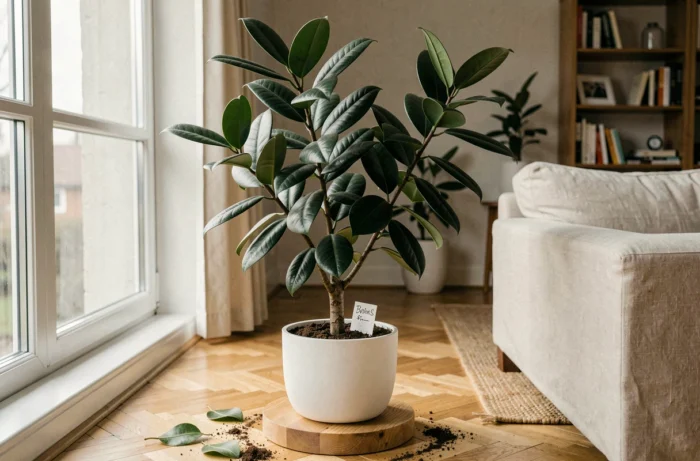 Ficus benjamina fraîchement rempoté dans un pot en céramique blanche posé sur un support en bois dans un salon scandinave lumineux
