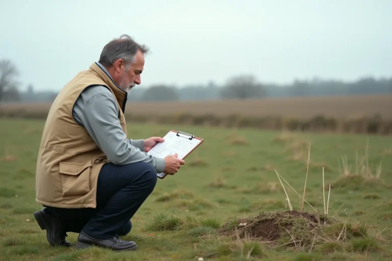 Géomètre mesurant un terrain de 6 ares avec un document de conversion en mètres carrés