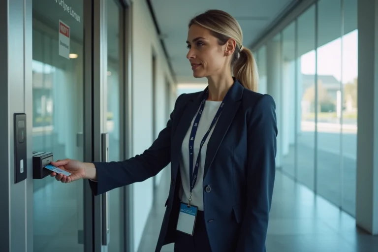 Femme fonctionnaire utilisant un badge d'accès numérique devant une porte sécurisée dans une administration publique moderne