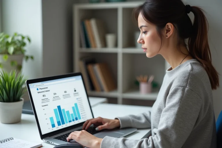 Femme gérant son assurance auto en ligne depuis son espace client sur un ordinateur portable à domicile