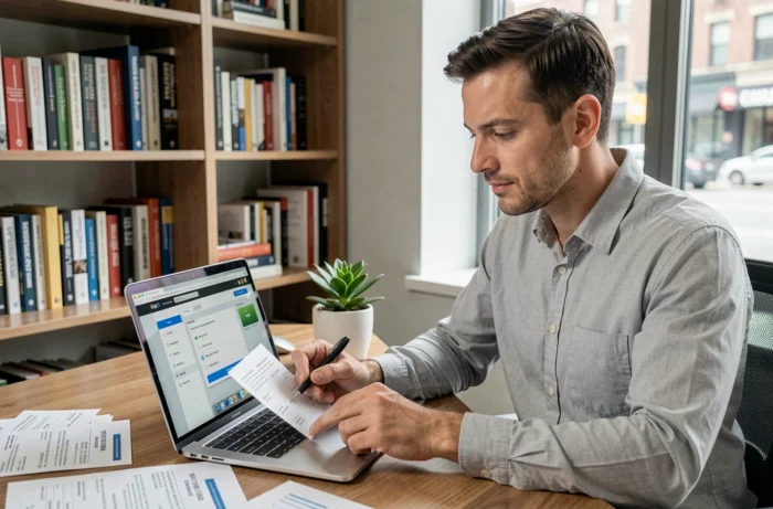 Homme gérant ses finances en ligne avec la Banque Cortal depuis son bureau à domicile