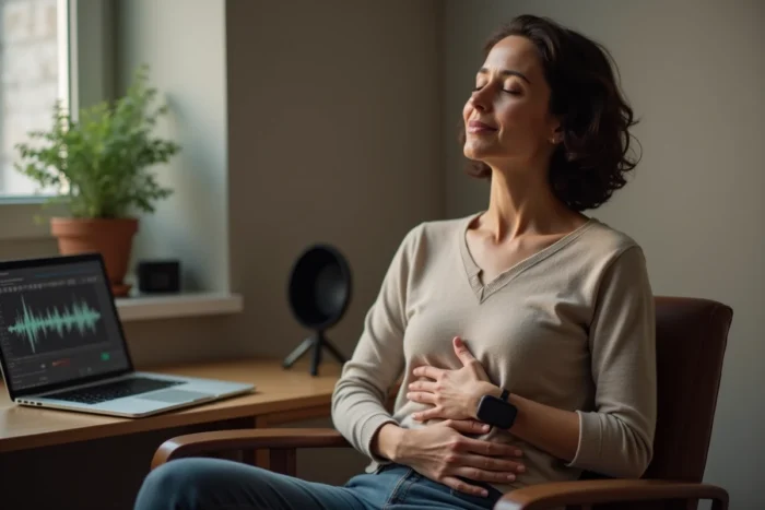 Femme pratiquant la cohérence cardiaque assise dans un bureau calme avec un capteur de fréquence cardiaque au poignet