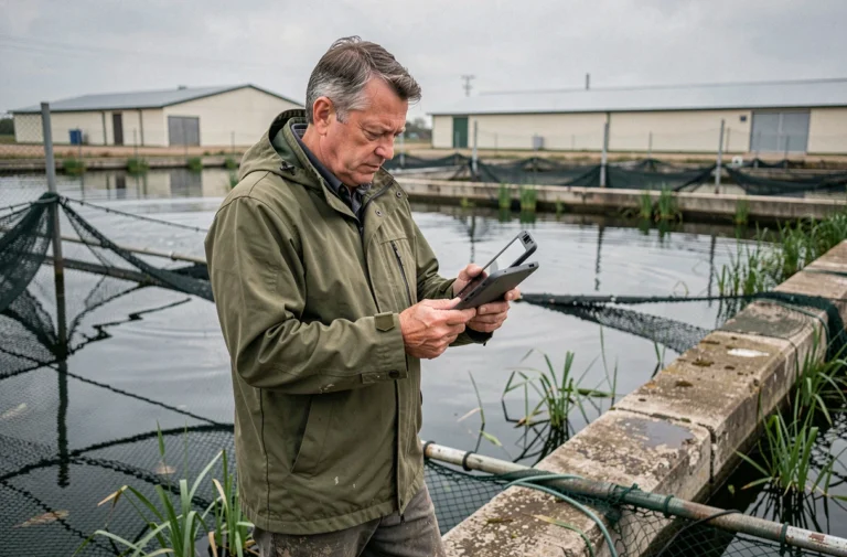 Gérant de pisciculture utilisant une tablette numérique pour gérer ses bassins de poissons en plein air
