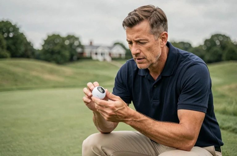 Golfeur examinant une balle de golf GPS innovante sur le fairway d'un parcours verdoyant