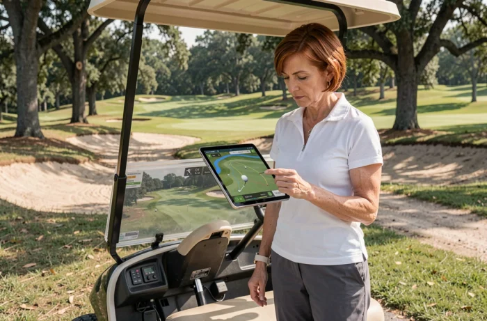 Golfeuse consultant une application GPS sur tablette pour suivre sa balle de golf connectée depuis un chariot
