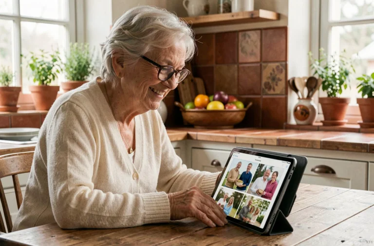 Grand-mère souriante utilisant une tablette pour consulter les photos de famille sur l'application Famileo dans une cuisine chaleureuse