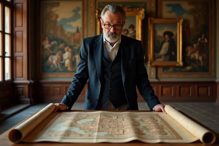 Historien étudiant des plans architecturaux dans un salon du château de Chambord, intérieur Renaissance avec tapisseries