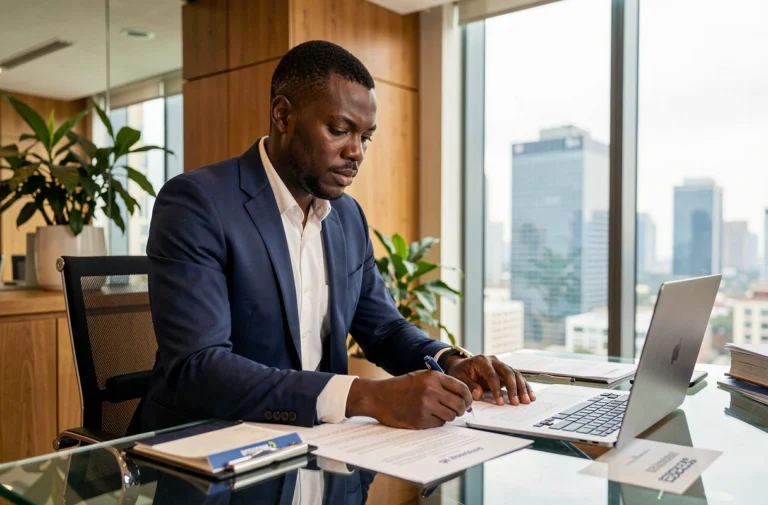 Homme d'affaires africain en costume marine examinant des documents dans un bureau moderne avec vue sur la ville, illustrant les services professionnels de 225 Business