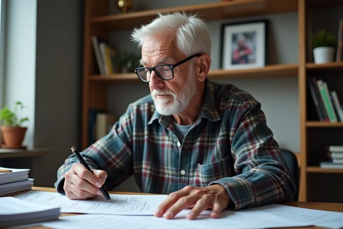 Homme âgé concentré sur des exercices de mémoire imprimés dans son bureau à domicile