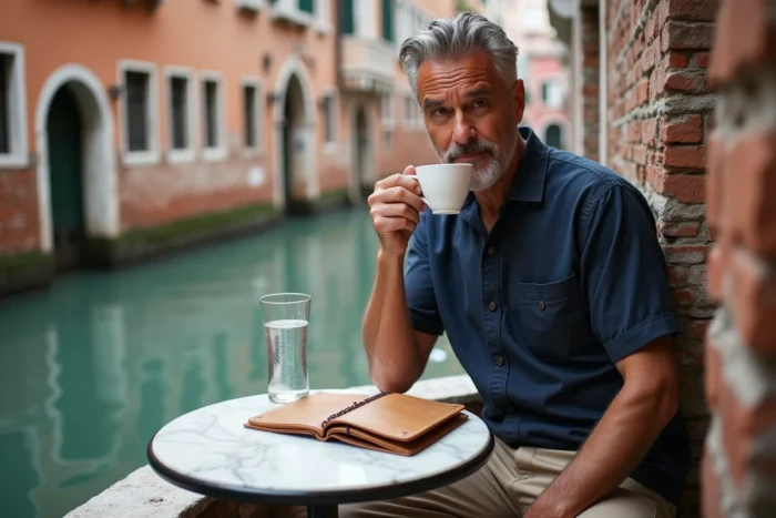 Homme dégustant un espresso à une table de café dans une ruelle vénitienne avec un canal en arrière-plan