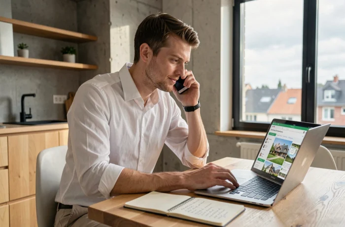 Jeune homme contactant une agence immobilière en Isère par téléphone depuis son domicile pour un projet d'achat