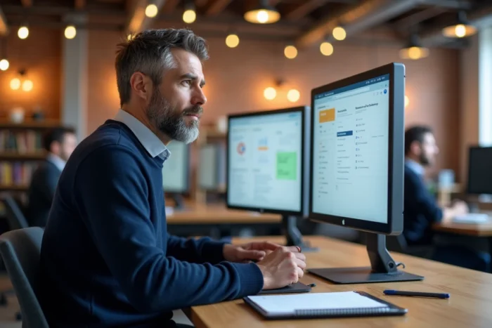 Homme utilisant un double écran avec des logiciels de gestion de tâches dans un espace de coworking moderne