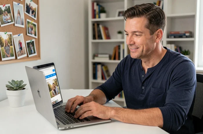 Homme en train d'envoyer des photos de famille sur l'application Famileo depuis son bureau à domicile