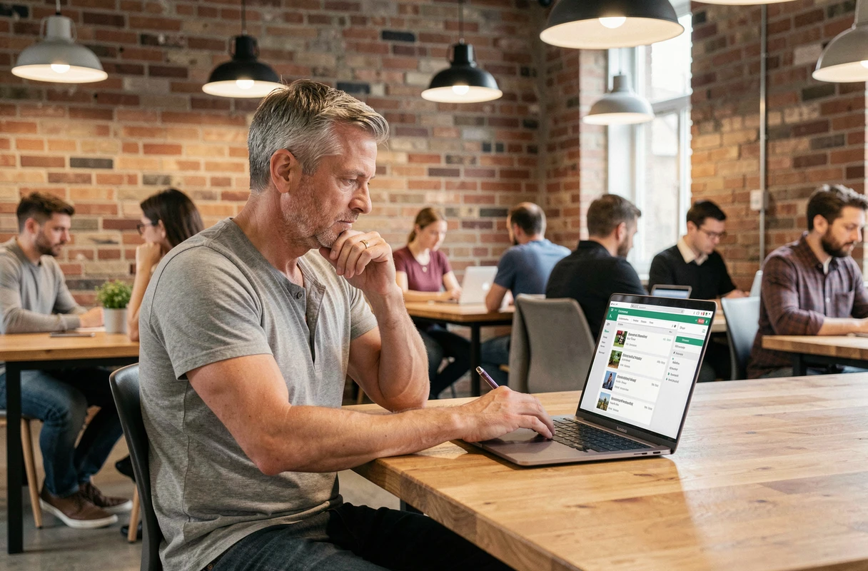 Homme consultant une plateforme de formation en ligne sur un ordinateur portable dans un espace de coworking