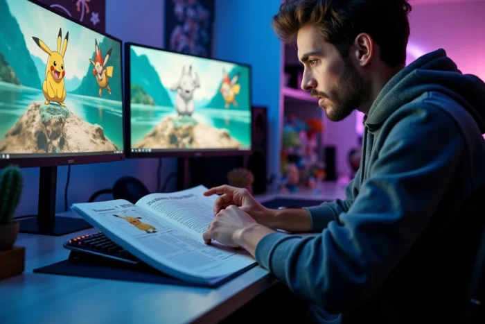 Homme consultant un guide officiel Pokémon ouvert sur un bureau gaming avec des figurines et des écrans en arrière-plan
