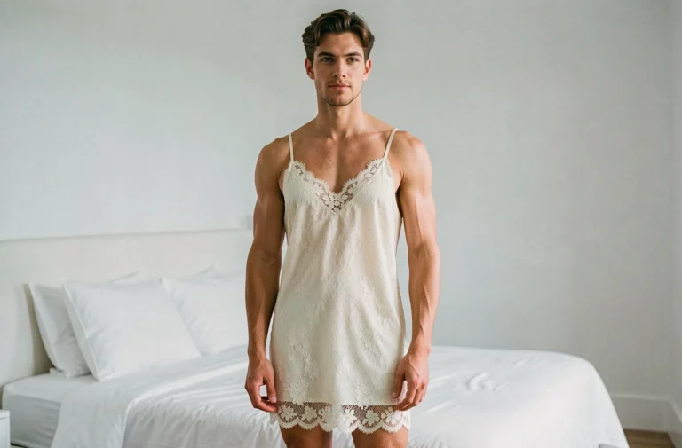 Homme portant une nuisette en dentelle crème dans une chambre minimaliste moderne, nouvelle tendance lingerie masculine