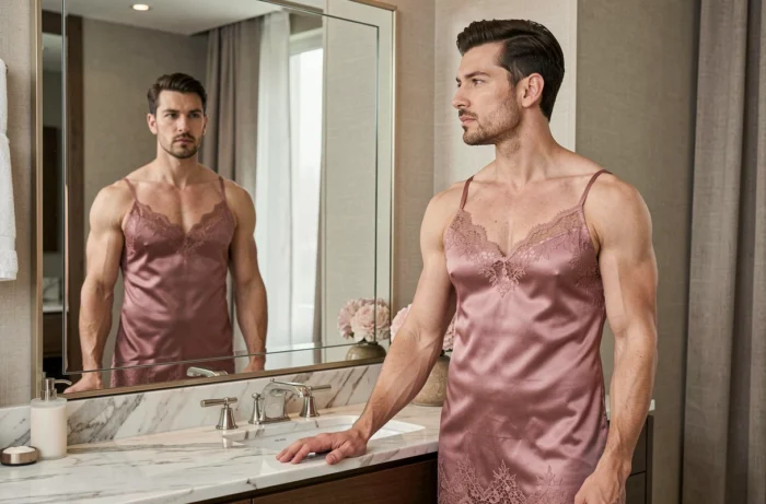 Homme portant une nuisette en dentelle rose satiné devant un miroir de salle de bain en marbre, mode lingerie masculine tendance