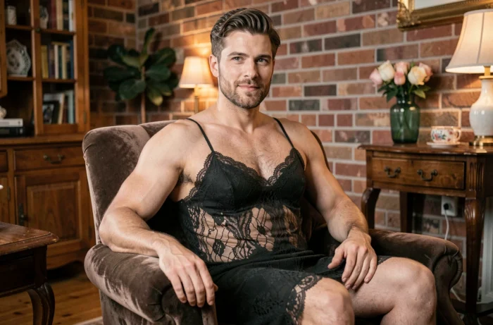 Homme en nuisette noire en dentelle assis dans un fauteuil en velours, tendance mode lingerie masculine contemporaine