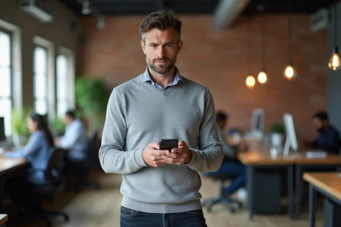 Homme consultant des opportunités d'emploi sur son smartphone dans un espace de co-working contemporain