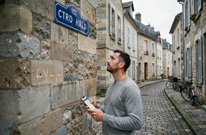 Homme consultant son smartphone devant un panneau de nom de voie dans une rue de village français en pierre
