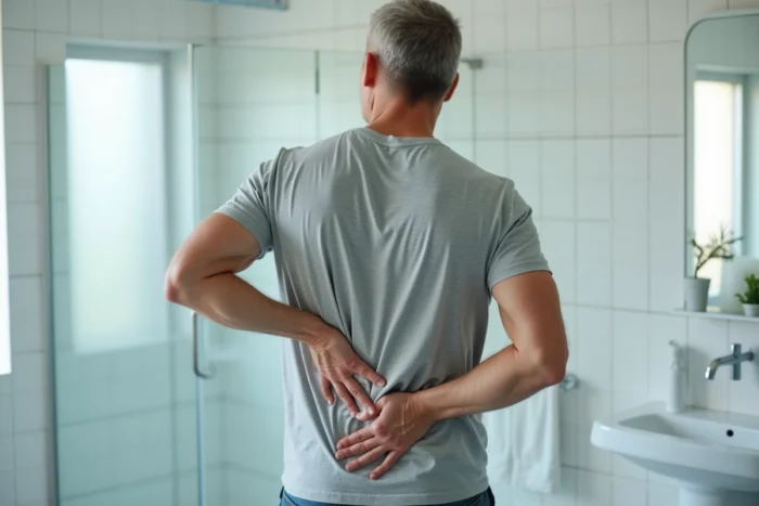 Homme appliquant de la pommade Saint Louis dans son dos dans une salle de bain moderne