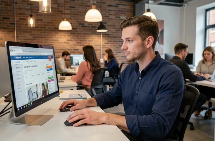Homme en train de chercher un emploi sur un ordinateur dans un espace de coworking contemporain