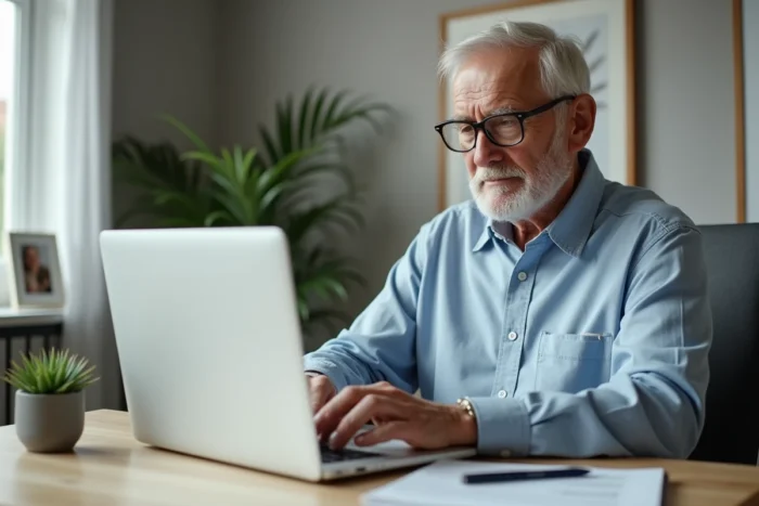 Homme retraité consultant un guide de retraite sur son ordinateur portable dans un bureau à domicile