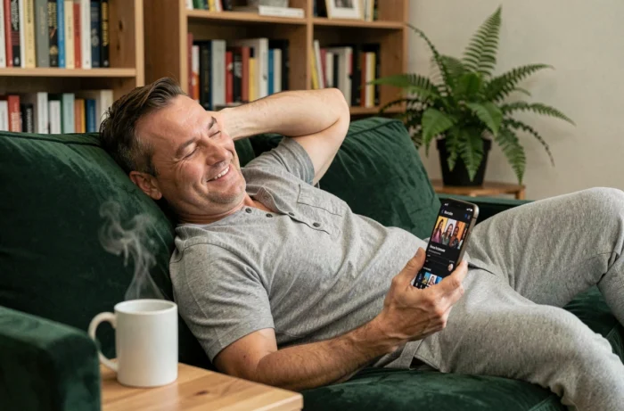 Homme se relaxant sur un canapé en velours vert en regardant une série sur son smartphone via une application de streaming