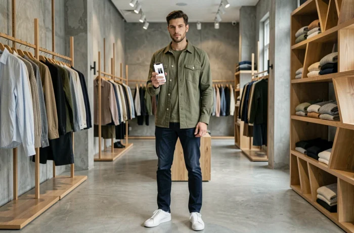 Homme tendance consultant une application de mode sur smartphone dans une boutique concept store minimaliste