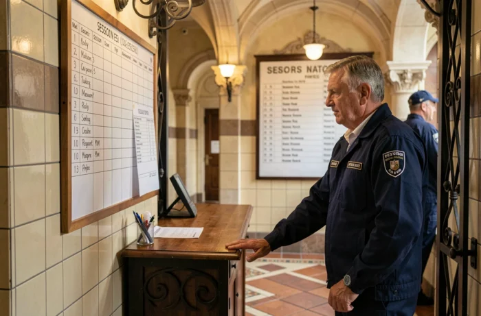 Agent d'accueil consultant les horaires d'ouverture dans le hall historique de la piscine de la Butte aux Cailles