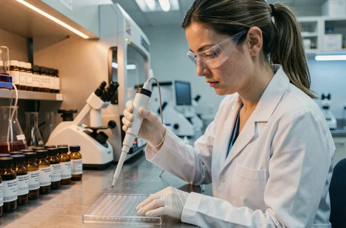 Chercheuse pharmaceutique réalisant des expériences de pipetage dans un laboratoire pharmaceutique moderne