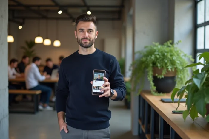 Homme tenant un smartphone affichant un profil Instagram avec 100 000 abonnés dans un espace de coworking moderne