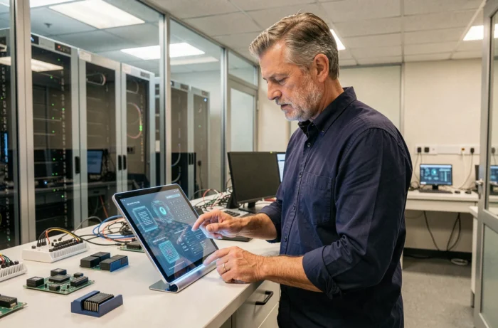 Ingénieur en informatique examinant des schémas de puces IA sur une tablette dans un laboratoire de recherche high-tech