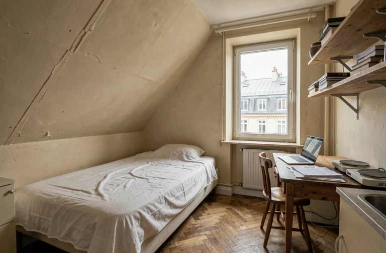 Intérieur d'une chambre de bonne parisienne de 9m² avec lit simple, bureau en bois et fenêtre donnant sur les toits de Paris