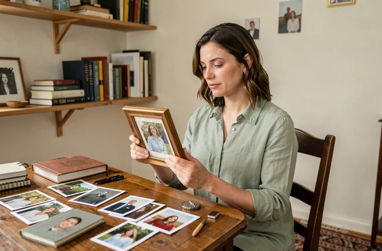 Femme contemplant des photographies personnelles dans un bureau vintage intimiste entouré de souvenirs et de journaux intimes