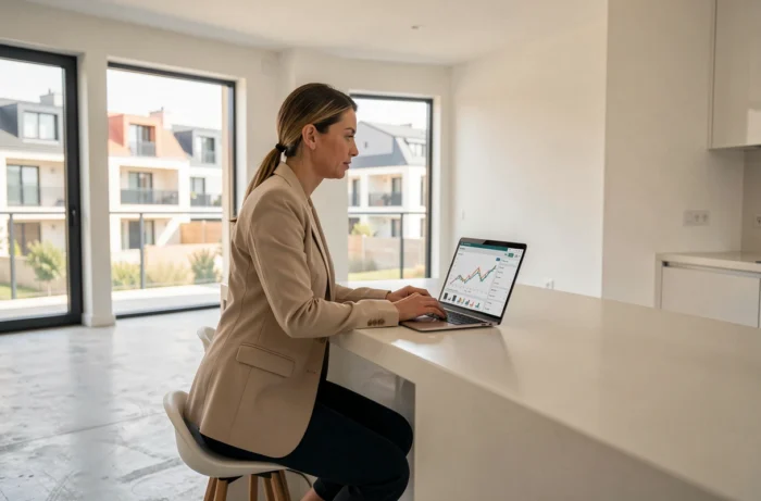 Investisseuse analysant des données immobilières dans un appartement neuf en France