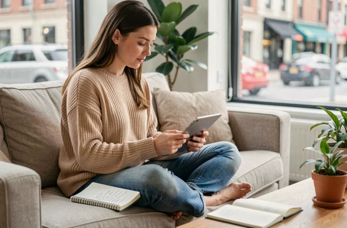 Jeune femme parcourant des offres d'emploi en ligne sur une tablette depuis son salon