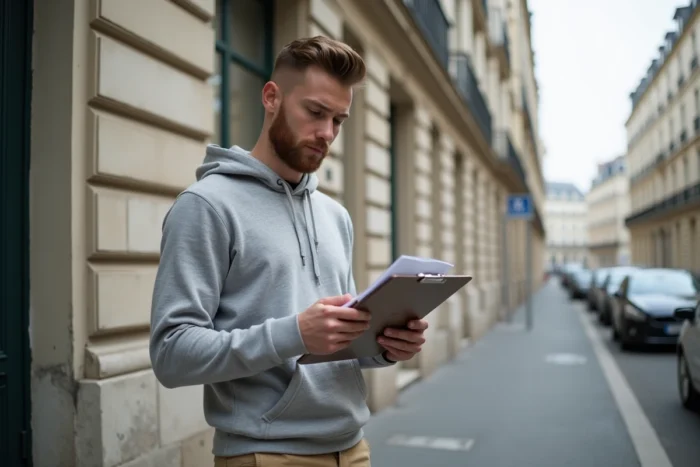 Jeune homme évaluant une annonce de location devant un immeuble parisien