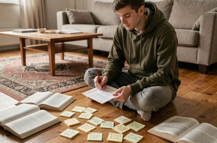 Jeune homme révisant les règles de grammaire française entouré de livres et de fiches de notes