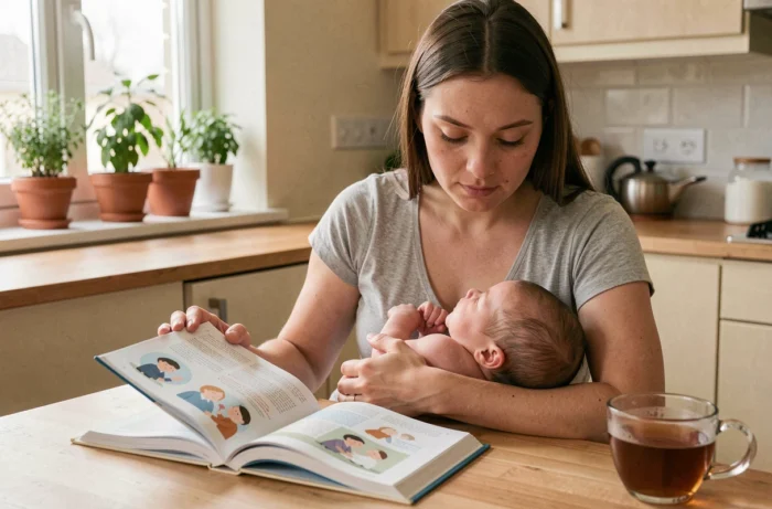 Jeune mère tenant son nouveau-né tout en lisant un guide pour parents dans une cuisine moderne et chaleureuse
