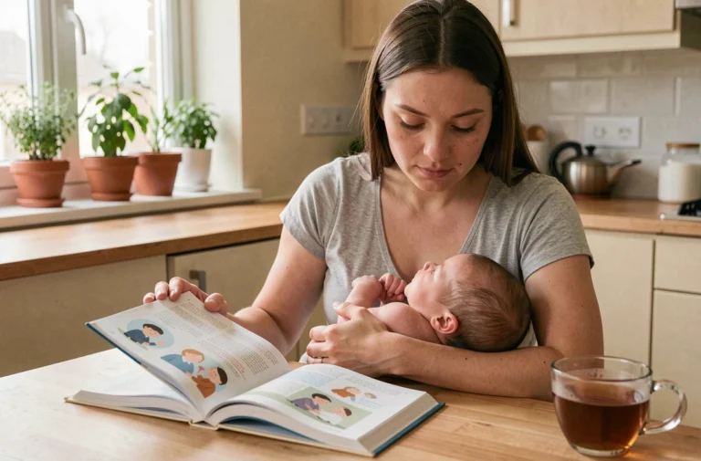 Jeune mère tenant son nouveau-né tout en lisant un guide pour parents dans une cuisine moderne et chaleureuse
