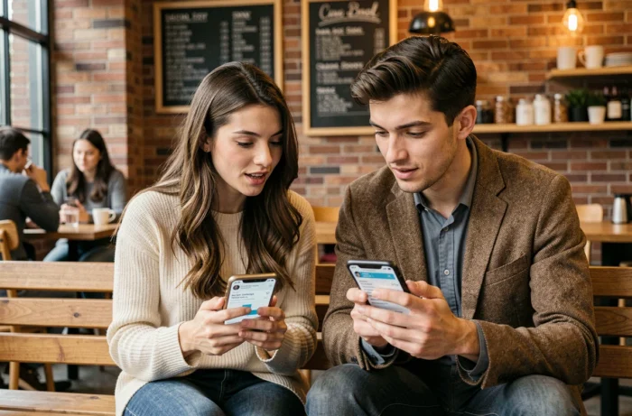 Deux jeunes entrepreneurs consultant des résultats de campagnes digitales sur leurs smartphones dans un café urbain