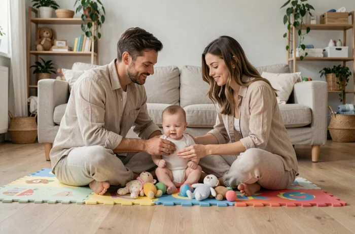 Jeunes parents assis sur un tapis de jeu avec leur bébé dans un salon de style scandinave