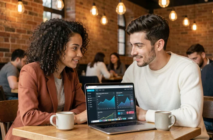 Deux jeunes professionnels discutant des dernières tendances informatiques autour d'un ordinateur portable dans un café moderne