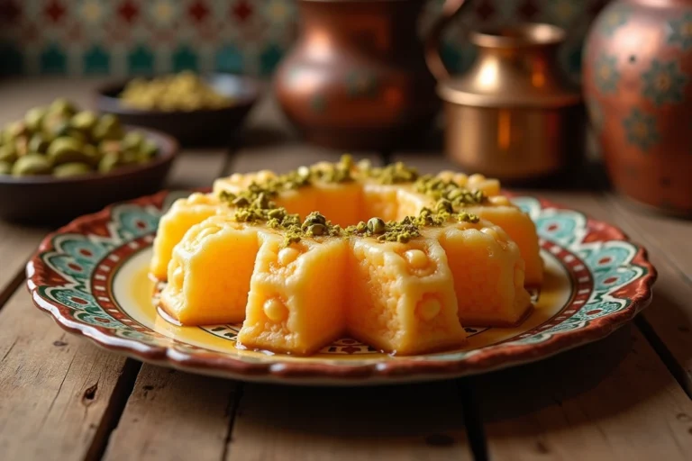 Khaliya al nahl, pâtisserie orientale en forme de nid d'abeille garnie de crème et miel sur une assiette céramique artisanale